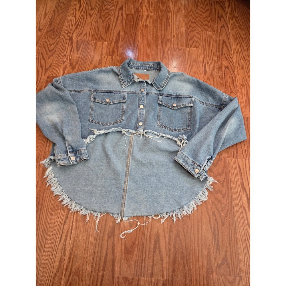 BBJ Los Angeles Womens Denim‎ Distressed Frayed Hem Oversized Shirt Jacket L